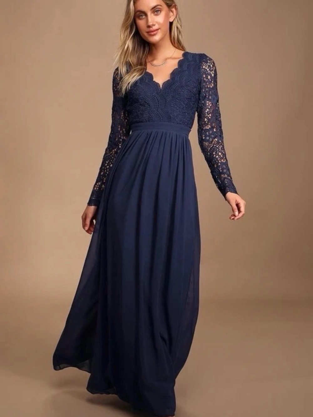 Lulu's Navy Lace Scallop V-Neck Long Sleeve Maxi Dress